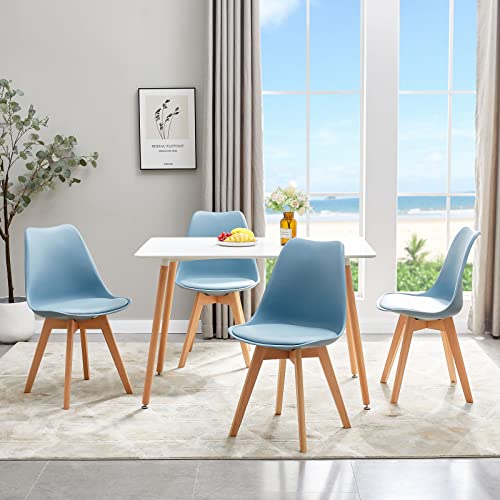 FURNITABLE Tisch und Stühle Set, Esszimmertisch Weiß Rechteckig mit 4 Hellblau Stühlen,mit Buche Holz Beine,Modern Küchentisch für bis zu 4 Personen von FURNITABLE