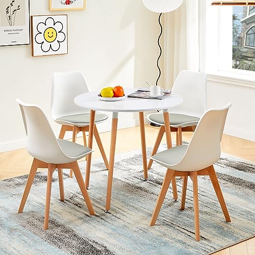 FURNITABLE Weiß Esstisch Rund mit 4 Weiß & Grau Stühlen Küchentisch Wohnzimmertisch Holztisch Tisch Set für Wohnzimmer Küche Büro von FURNITABLE