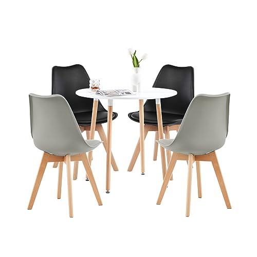 FURNITABLE Weiß Esstisch mit 4 Schwarz & Grau Stühle Essgrupp Holztisch Skandinavisches Stuhl Esstisch Set für Esszimmer Küche 80cm von FURNITABLE