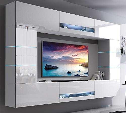 Furnitech Wohnwand Wohnzimmer Weiß Hochglanz (273 cm) - Hängend Wohnwand Modern Schrankwand mit Regale und TV Schrank Möbel ohne LED von Furnitech