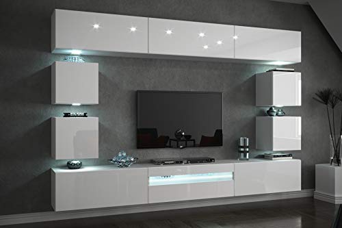 FURNITECH Wohnwand Wohnzimmer - Wohnzimmer Möbel mit LED RGB - 16 Farben - Hängend Wohnwand Modern - Wohnzimmer Schrankwand mit Regale und TV Schrank (Future C81-HG-W2 1B - 273 cm) von Furnitech