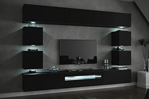 FURNITECH Wohnwand Wohnzimmer - Wohnzimmer Möbel mit LED RGB - 16 Farben - Hängend Wohnwand Modern - Wohnzimmer Schrankwand mit Regale und TV Schrank (Future C81-18B-M5 1B Matt) von FURNITECH