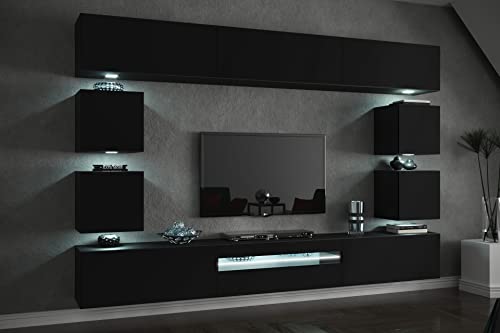 FURNITECH Future C81 Wohnzimmer Wandschrank Mediawand mit Led Beleuchtung Schrankwand Wohnwand Möbel (LED RGB (16 Farben), C81-18B-M5 1B Matt) von FURNITECH