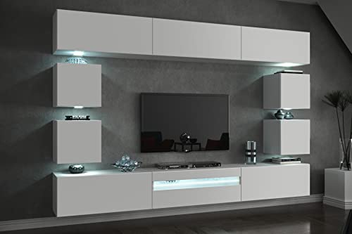 FURNITECH Wohnwand Wohnzimmer - Wohnzimmer Möbel mit LED RGB - 16 Farben - Hängend Wohnwand Modern - Wohnzimmer Schrankwand mit Regale und TV Schrank (Future C81-18W-M4 1A Matt) von FURNITECH