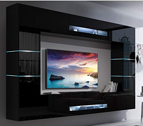 Furnitech Wohnwand Wohnzimmer Schwarz Hochglanz (257cm) - Hängend Wohnwand Modern Schrankwand mit Regale und TV Schrank Möbel ohne LED von Furnitech