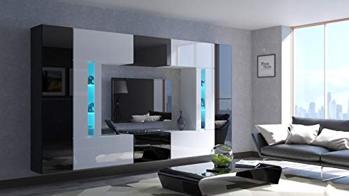 FURNITECH Wohnwand Wohnzimmer | Wohnzimmer Möbel mit LED RGB - 16 Farben | Hängend Wohnwand Modern | Wohnzimmer Schrankwand mit Regale und TV Schrank (Julian AN67-19BW-HG1) von Furnitech