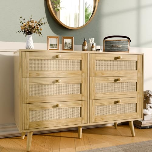 FURNIinspire Rattan-Kommode mit 6 Schubladen, Boho-Kommode für Schlafzimmer, Flur, Wohnzimmer, Eiche von FURNIinspire
