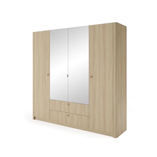 FURNLUX Kleiderschrank Viki, Beige/Eiche, 213x55x208 cm, Skandinavischer Stil, 4 Türen, 12 Regale, 2 Schubladen, Laminierte Spanplatte FURNLUX Kleiderschrank Viki, Beige/Eiche, 213x55x208 cm, Skandinavischer Stil, 4 Türen, 12 Regale, 2 Schubladen, Laminierte Spanplatte von FURNLUX