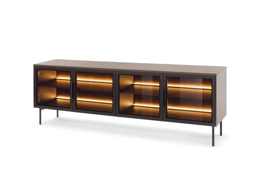 FURNLUX Sideboard LUMI, Dunkel Eiche & Schwarz, Laminierte Spanplatte mit Antisolglas, 181 x 39 x 62 cm, 4 Glastüren, Wohnzimmermöbel von FURNLUX