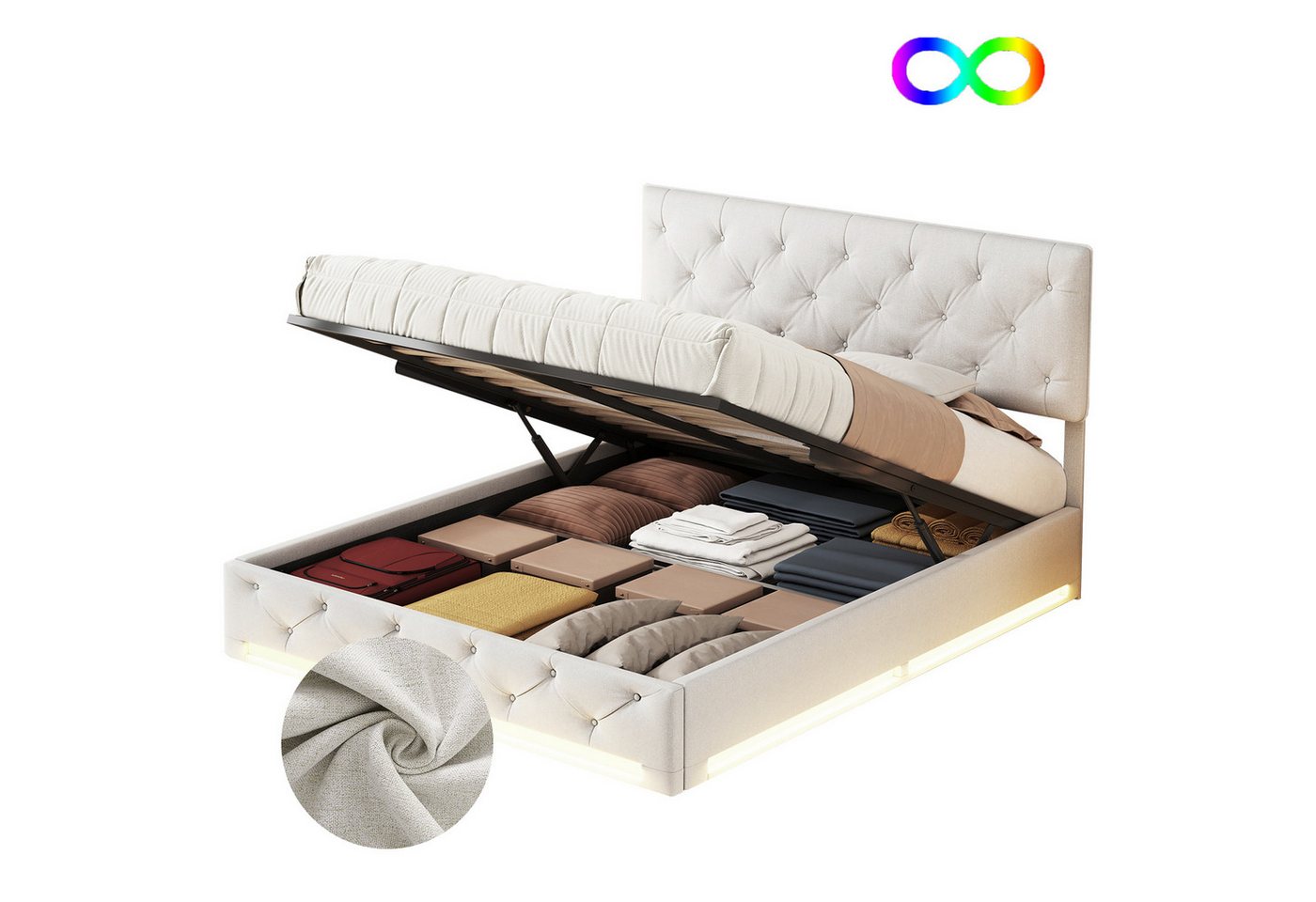FUROKOY Boxspringbett 140x200cm LED Doppelbett Stauraumbett Hydraulisches Polsterbett Beige, Leinen Funktionsbett,Verstellbare Kopfteilhöhe von FUROKOY