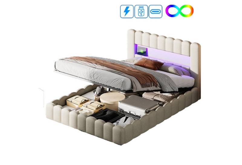 FUROKOY Boxspringbett 140x200cm LED Doppelbett Stauraumbett Hydraulisches Polsterbett Beige (1-tlg),Farbwechselnde LED-Beleuchtung mit Fernbedienung), Leinen Funktionsbett mit Ladefunktion von FUROKOY