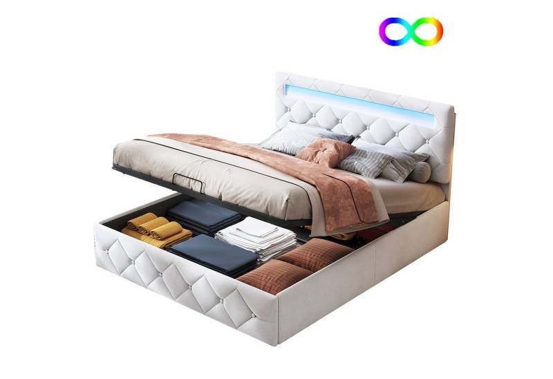FUROKOY Boxspringbett 140x200cm LED Doppelbett Stauraumbett Hydraulisches Polsterbett Beige (1-tlg),Farbwechselnde LED-Beleuchtung mit Fernbedienung+APP-Steuerung), Samt Funktionsbett von FUROKOY