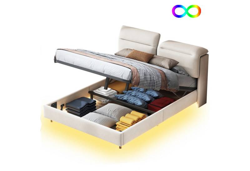 FUROKOY Boxspringbett 140x200cm LED Doppelbett Stauraumbett Hydraulisches Polsterbett Beige (1-tlg),Farbwechselnde LED-Beleuchtung mit Fernbedienung), Samt Funktionsbett,Kopfteil mit Winkel-verstellbarem von FUROKOY