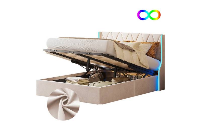 FUROKOY Boxspringbett LED Doppelbett Hydraulisches Polsterbett Beige (Set, 1-St., 140x 200 cm Stauraumbett mit Ladefunktion), Samt-Stil 2 von FUROKOY