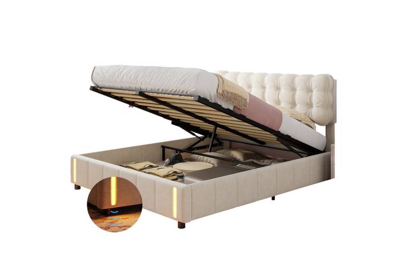 FUROKOY Boxspringbett LED Doppelbett Hydraulisches Polsterbett Beige (Set, 1-St., 140x 200 cm Stauraumbett mit Ladefunktion), Samt-Stil 3 von FUROKOY