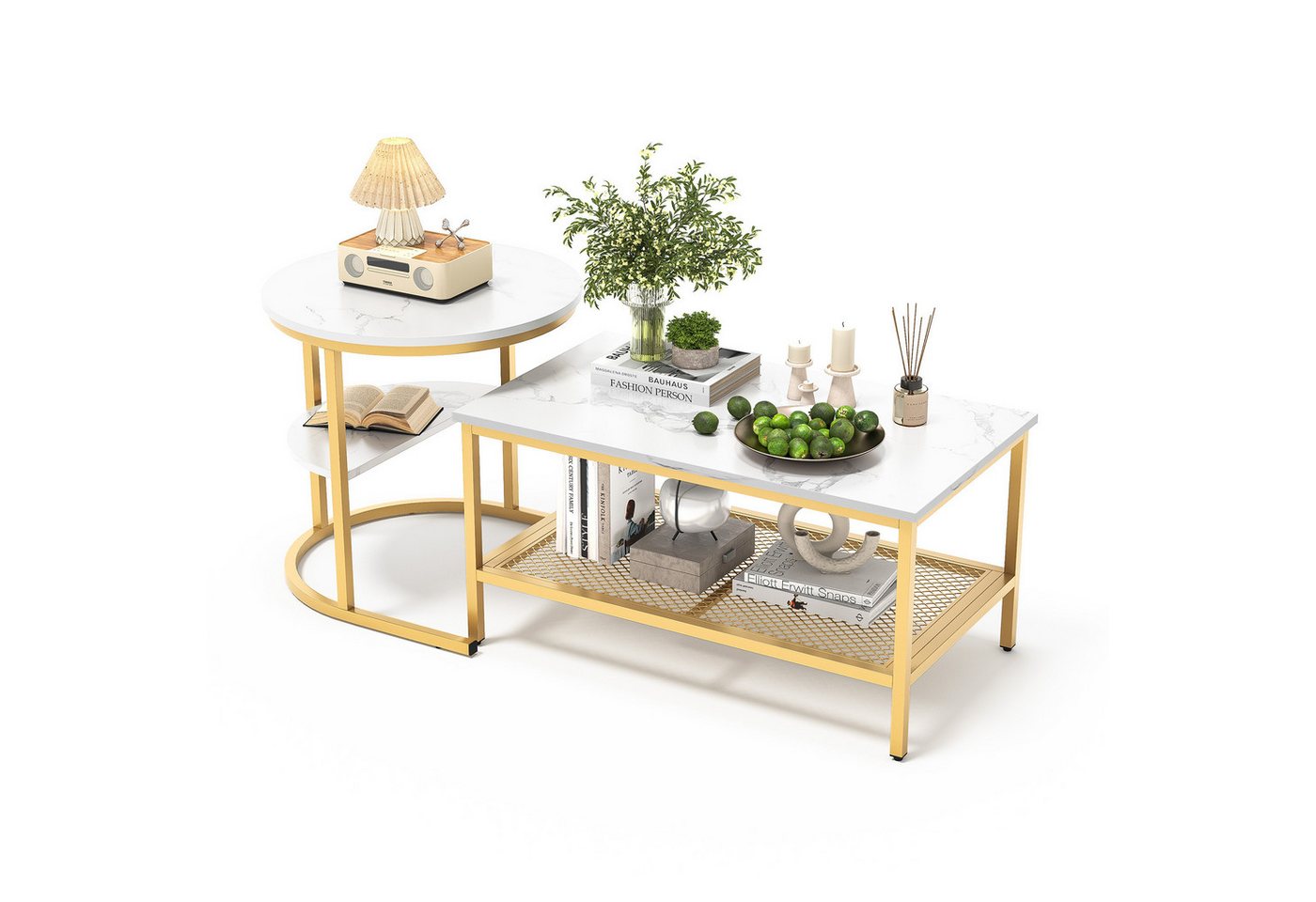FUROKOY Wohnzimmertisch Couchtisch 2er Set Kaffeetisch Satztisch Marmor Optik (Set, 1-St., Weiß + Golden), Marmormuster Beistelltisch mit Ablageboden,80x46x41cm+Ø52x51cm von FUROKOY