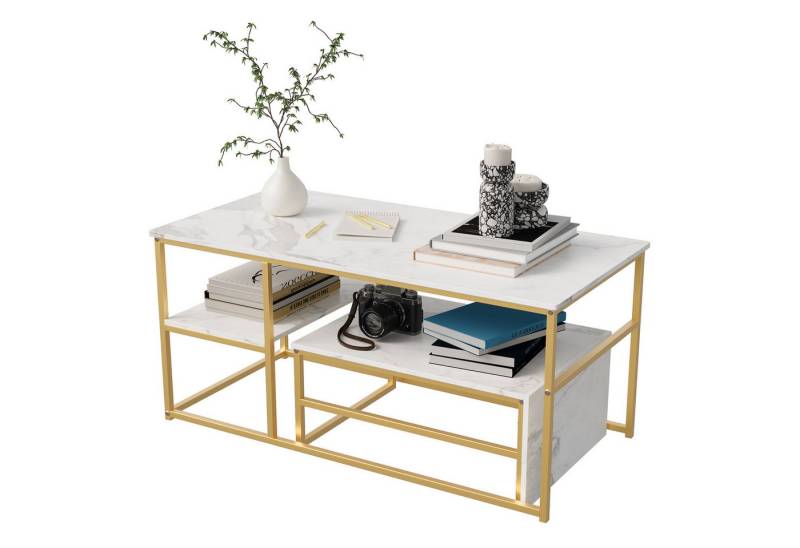 FUROKOY Couchtisch 2er-Satztisch Beistelltisch stapelbarer Sofatisch (Quadratisch,Marmoroptik,mit Ablagebode,Weiß-Gold), 105x52x48.5cm+60x45x28cm von FUROKOY