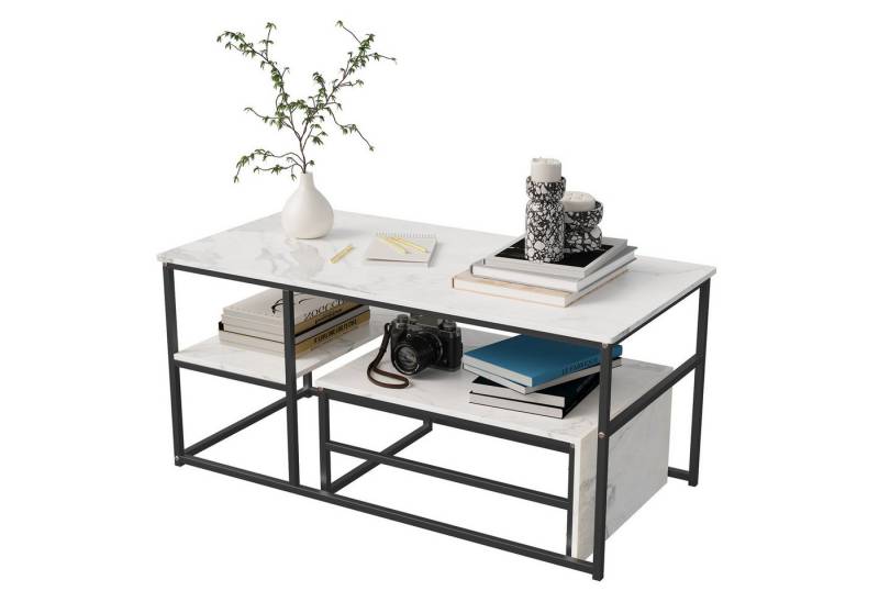 FUROKOY Couchtisch 2er-Satztisch Beistelltisch stapelbarer Sofatisch (Quadratisch,Marmoroptik,mit Ablagebode,Weiß-Schwarz), 105x52x48.5cm+60x45x28cm von FUROKOY