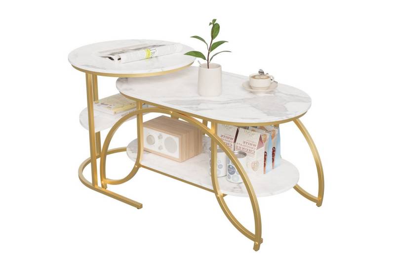 FUROKOY Couchtisch 2er-Satztisch Beistelltisch stapelbarer Sofatisch (Runder Tisch Oval,Marmoroptik,mit Ablagebode,Weiß-Gold), 80x46x45cm+52x52x51cm von FUROKOY