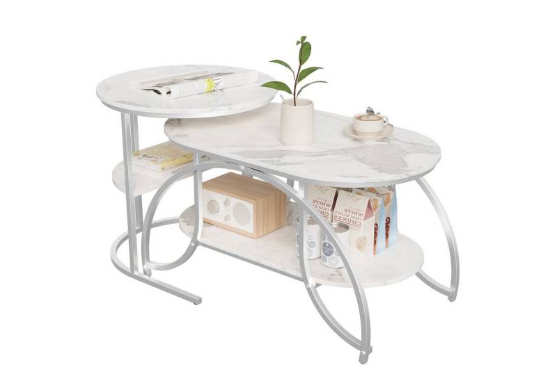 FUROKOY Couchtisch 2er-Satztisch Beistelltisch stapelbarer Sofatisch (Runder Tisch Oval,Marmoroptik,mit Ablagebode,Weiß-Silber), 80x46x45cm+52x52x51cm von FUROKOY