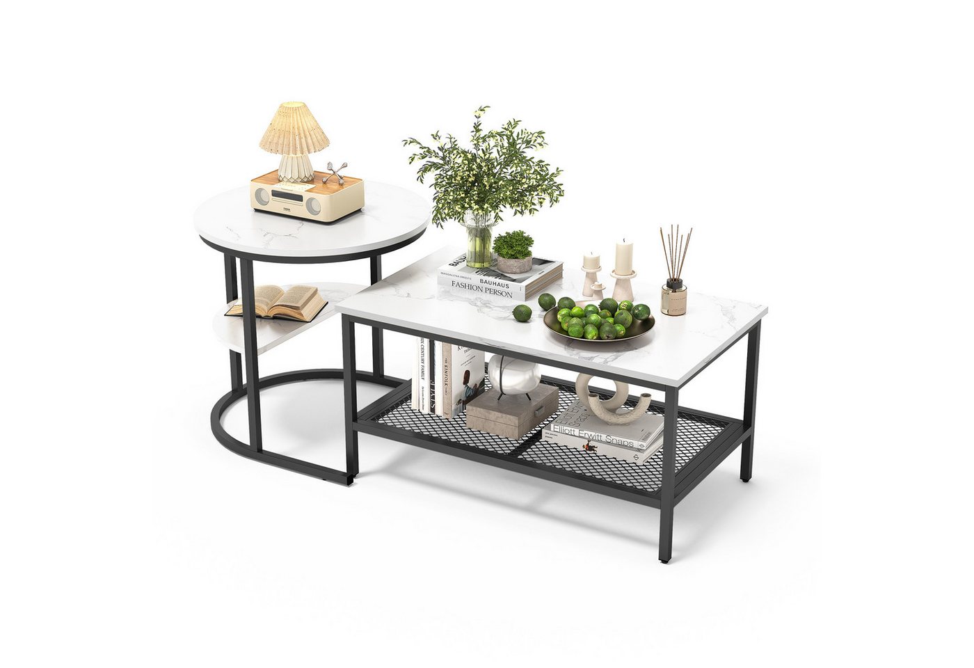 FUROKOY Couchtisch 2tlg. Couchtisch,kleiner wohnzimmertisch für couch,mit Stauraum,Metall (Kaffeetisch Wohnzimmertisch im modernen leichten Luxus-Stil, Quadratische, rechteckige Couchtisch-Kombinationen,Weiß + Schwarz), Marmormuster Beistelltisch mit Ablageboden,80x46x41cm+Ø52x51cm von FUROKOY