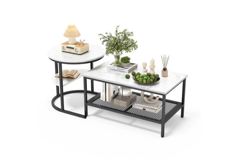 FUROKOY Couchtisch 2tlg. Couchtisch,kleiner wohnzimmertisch für couch,mit Stauraum,Metall (Kaffeetisch Wohnzimmertisch im modernen leichten Luxus-Stil, Quadratische, rechteckige Couchtisch-Kombinationen,Weiß + Schwarz), Marmormuster Beistelltisch mit Ablageboden,80x46x41cm+Ø52x51cm von FUROKOY