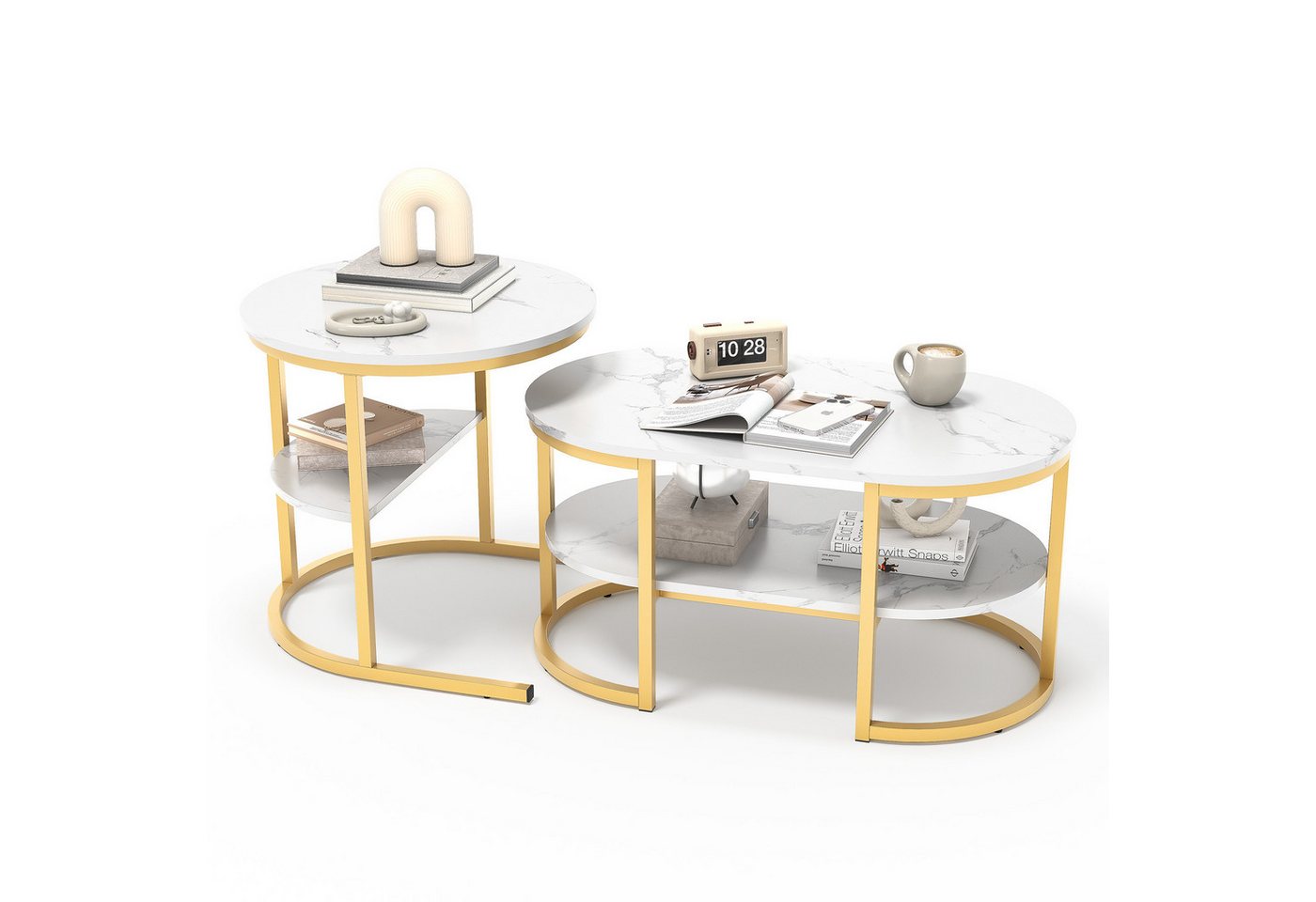 FUROKOY Couchtisch 2tlg. Couchtisch,kleiner wohnzimmertisch für couch,mit Stauraum,Metall (Kaffeetisch Wohnzimmertisch im modernen leichten Luxus-Stil, runde und ovale Couchtisch-Kombinationen,Weiß + Golden), Marmormuster Beistelltisch mit Ablageboden,80x46x41cm+Ø52x51cm von FUROKOY