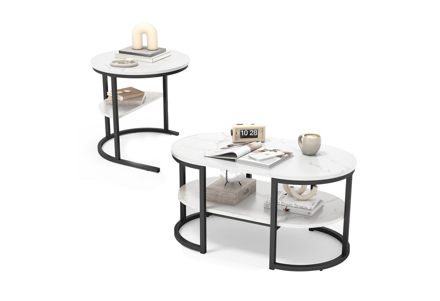 FUROKOY Couchtisch 2tlg. Kaffeetisch,Satztisch Beistelltisch,mit Stauraum (Wohnzimmertisch im modernen leichten Luxus-Stil,Metall, runde und ovale Couchtisch-Kombinationen,Weiß + Schwarz), Marmormuster Beistelltisch mit Ablageboden,80x46x41cm+Ø52x51cm FUROKOY Couchtisch 2tlg. Kaffeetisch,Satztisch Beistelltisch,mit Stauraum (Wohnzimmertisch im modernen leichten Luxus-Stil,Metall, runde und ovale Couchtisch-Kombinationen,Weiß + Schwarz), Marmormuster Beistelltisch mit Ablageboden,80x46x41cm+Ø52x51cm von FUROKOY