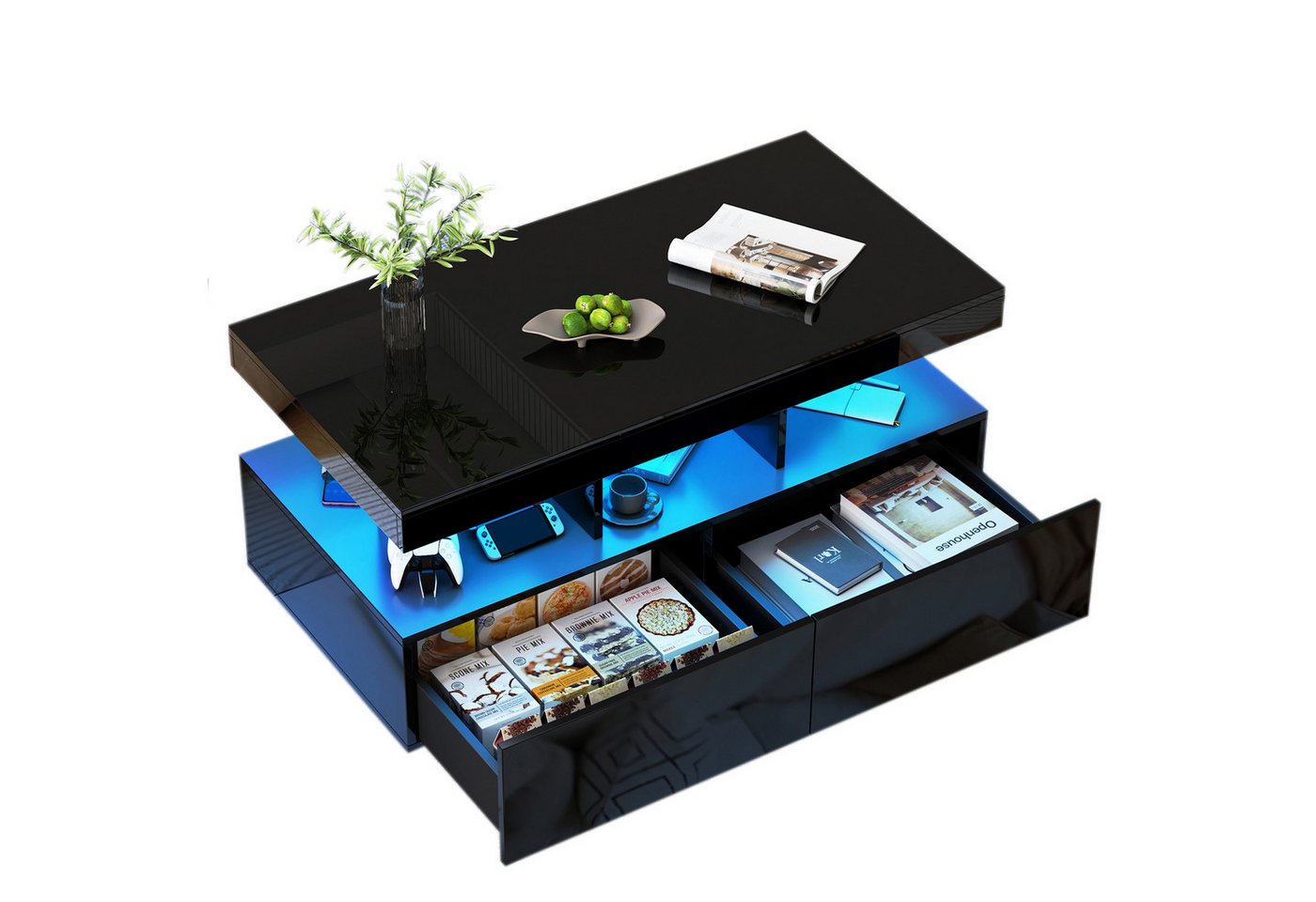 FUROKOY Couchtisch Modern Wohnzimmertisch Hochglanz mit LED Beleuchtung (Set, 1-St., Beistelltisch mit 2 Schubladen und Offenem Ausstellungsregal), Sofatisch Kaffeetisch, 104 x 53 x 46cm, Schwarz von FUROKOY