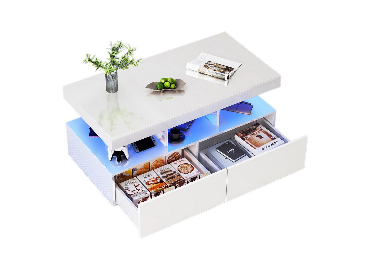 FUROKOY Couchtisch Modern Wohnzimmertisch Hochglanz mit LED Beleuchtung (Set, 1-St., Beistelltisch mit 2 Schubladen und Offenem Ausstellungsregal), Sofatisch Kaffeetisch, 104 x 53 x 46cm, Weiß von FUROKOY