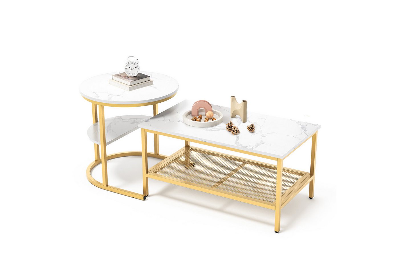 FUROKOY Couchtisch gold Wohnzimmer Tisch 2er-Satztisch mit Stauraum (kaffeetisch gold,oval+Rechteck), Modern design Beistelltisch Tisch 2er set mit Stahlrahmen,marmor von FUROKOY