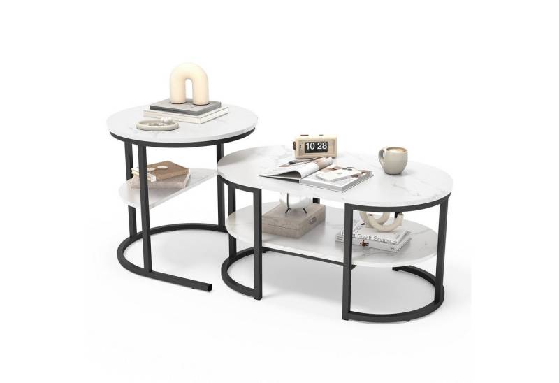 FUROKOY Couchtisch kaffeetisch wohnzimmertisch 2er set Beistelltisch Satztisch (Runder Tisch Oval), Modern design Couchtisch mit Schwarz beinen,Marmoroptik, Eiche von FUROKOY