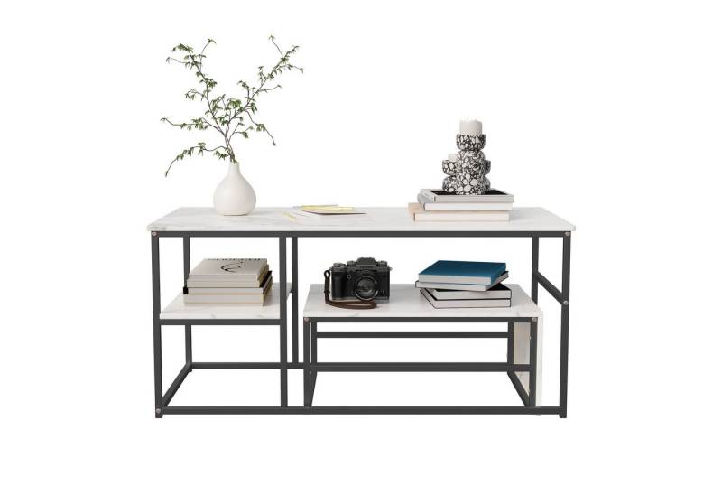 FUROKOY Couchtisch kaffeetisch wohnzimmer tisch 2er set Oval, Beistelltisch Rund (Set, 1-St., Quadratische Mutter-Kind-Sets), Modern design Couchtisch mit Schwarz beinen,Marmoroptik,Schwarz + Weiß von FUROKOY