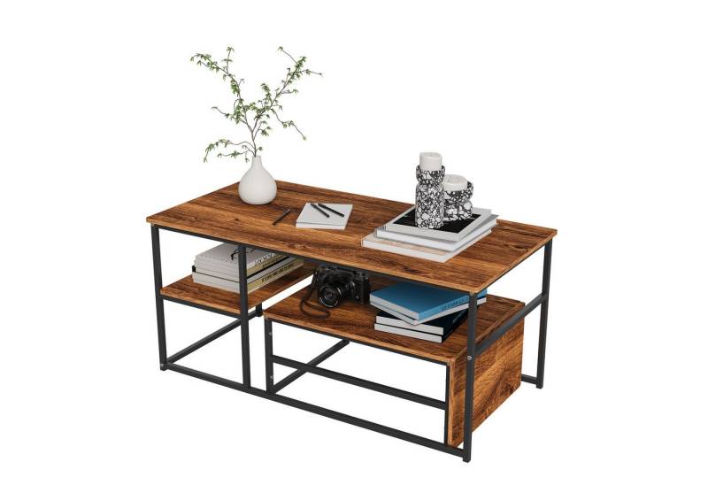 FUROKOY Couchtisch kaffeetisch wohnzimmer tisch 2er set Oval, Beistelltisch Rund (Set, 1-St., Quadratische Mutter-Kind-Sets), Modern design Couchtisch mit Schwarz beinen,Schwarz + Holzmaserung von FUROKOY