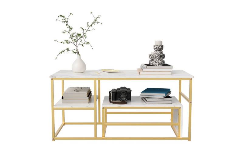 FUROKOY Couchtisch kaffeetisch wohnzimmer tisch 2er set Oval, Beistelltisch Rund (Set, 1-St., Quadratische Mutter-Kind-Sets), Modern design Couchtisch mit goldenen beinen,Marmoroptik,Gold + Weiß von FUROKOY