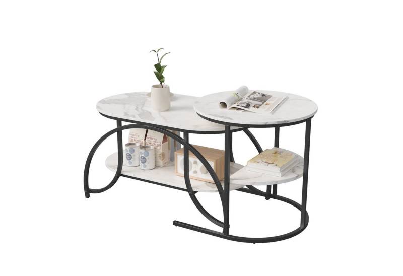 FUROKOY Couchtisch kaffeetisch wohnzimmer tisch 2er set Oval, Beistelltisch Rund (Set, 1-St., runden), Modern design Couchtisch mit Schwarz beinen,Marmoroptik,Schwarz + Weiß von FUROKOY