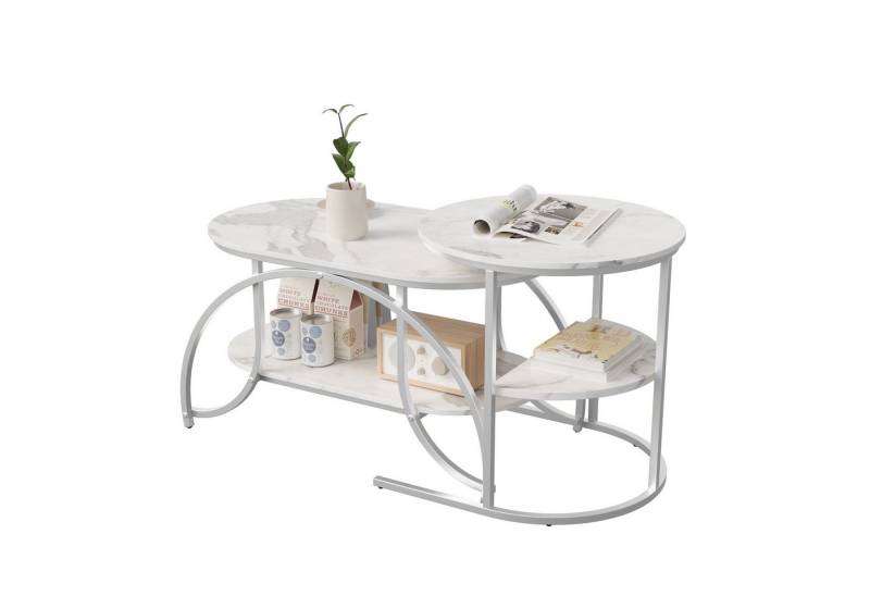 FUROKOY Couchtisch kaffeetisch wohnzimmer tisch 2er set Oval, Beistelltisch Rund (Set, 1-St., runden), Modern design Couchtisch mit Silber beinen,Marmoroptik,Silber + Weiß von FUROKOY