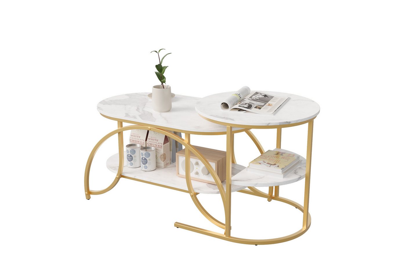 FUROKOY Couchtisch kaffeetisch wohnzimmertisch 2er set Beistelltisch Satztisch (Runder Tisch Oval), Modern design Couchtisch mit gold beinen,Marmoroptik,Gold + Weiß von FUROKOY