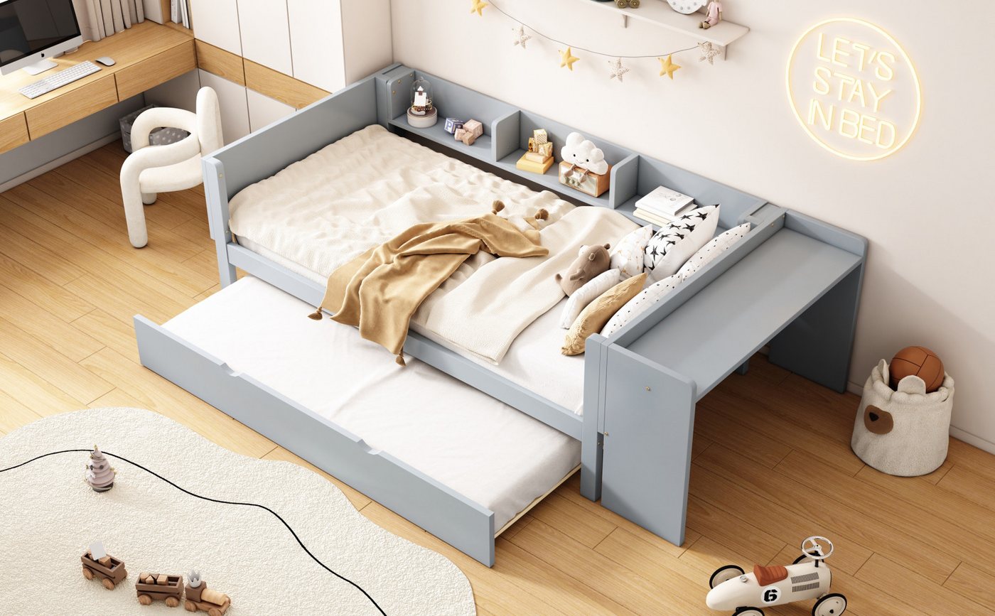 FUROKOY Daybett Multifunktionales Kinderlernbett mit Schreibtisch und Schubladen, (Home Schlafzimmer Bett Einzelbett Jugendbett(Ohne Matratze), Flachbett mit ausziehbarem Bett, Blau von FUROKOY