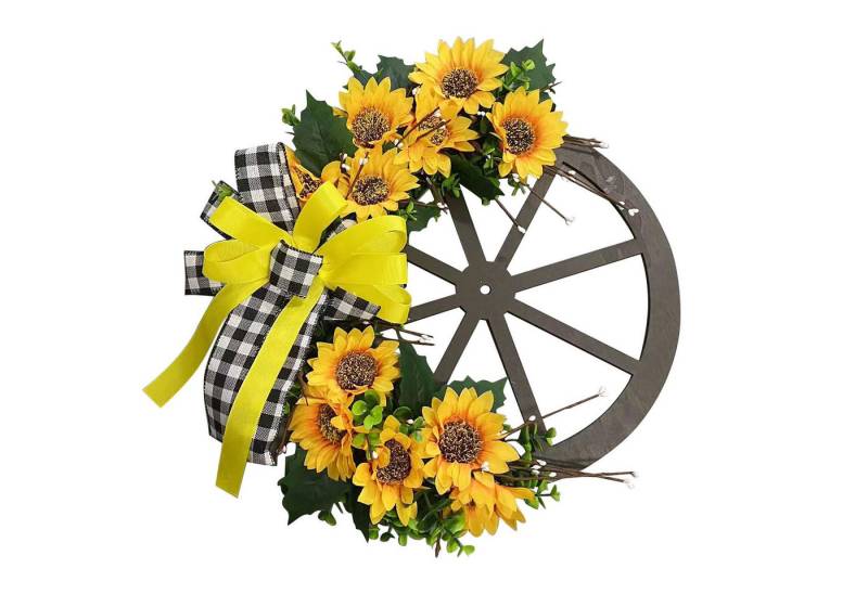 FUROKOY Dekokranz Sonnenblumenrad Kranz, Sonnenblume Bogen Kranz hängende Dekorationen, simulierte Blumen hölzerne Rad Scheibe Tür hängen dekorative von FUROKOY