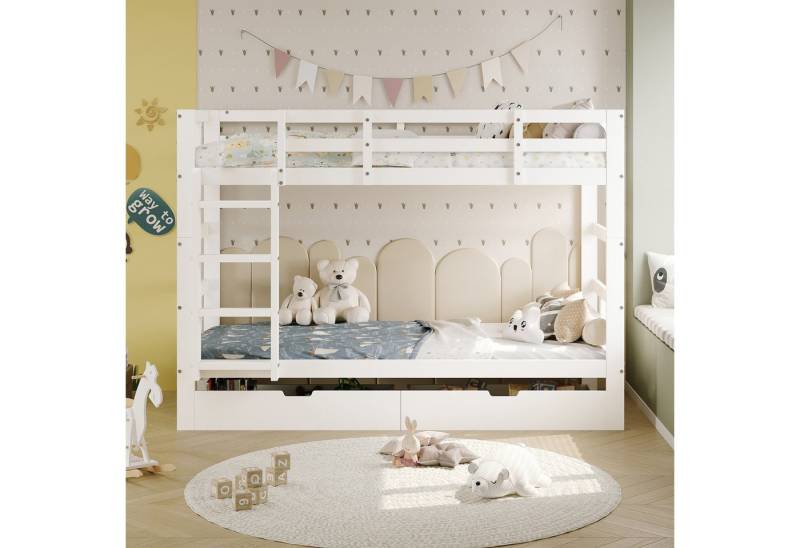 FUROKOY Etagenbett Kinderbett 90x200 cm für 2 Kinder (Hochbett mit Leiter und Schubladen), Holzbett abnehmbar in 2 Einzelbetten,Massivholz,Jugendbett,Weiß von FUROKOY