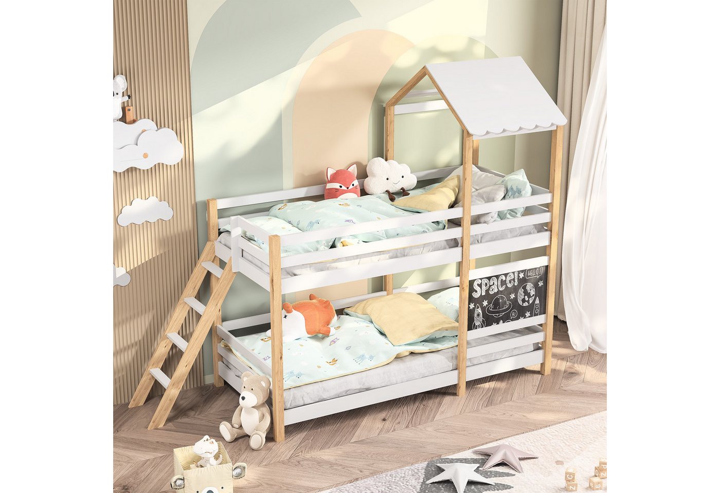 FUROKOY Etagenbett Kinderbett mit Dach und Fensteraus Kiefer Massivholz,90x200cm (Unterbett Doppelbett Kiefernholz Hausbett), Kinderhochbett mit Fallschutzgitter für Familien mit zwei Kindern von FUROKOY