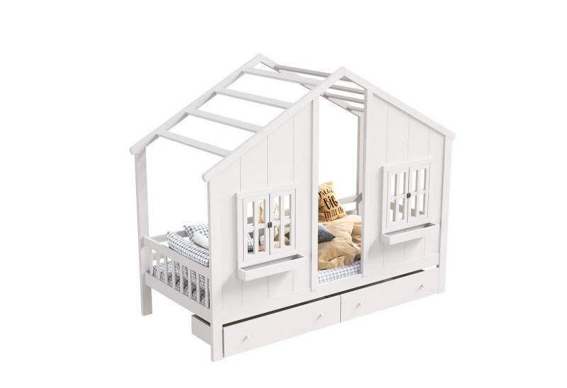 FUROKOY Hausbett Einzelbett Kinderbett 90x200 cm Kiefer weiß, Tagesbett mit Lattenrost und 2 Schubladen, 2 Fenster von FUROKOY