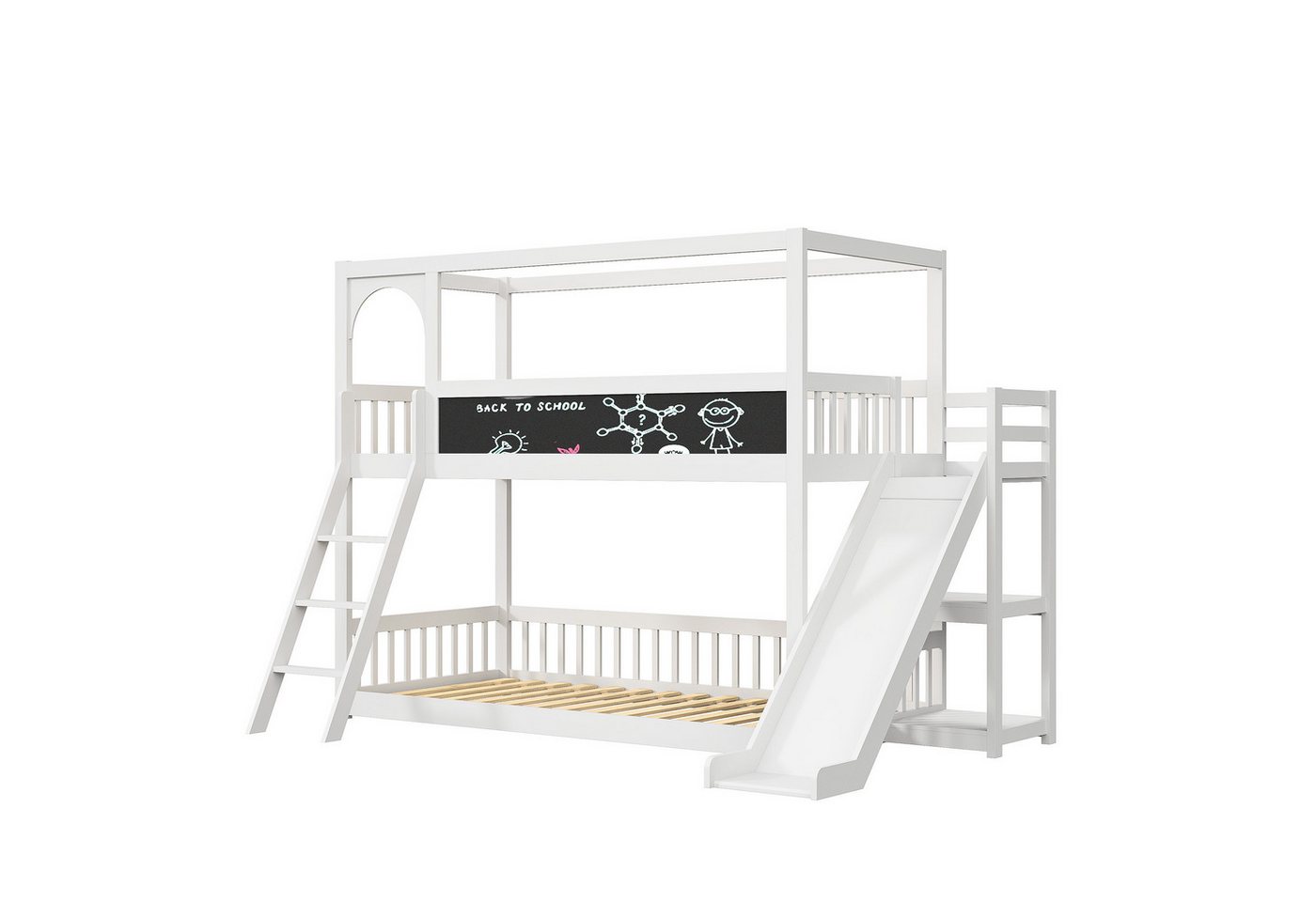 FUROKOY Kinderbett Kinderbett 90x200 cm, Bodenbett mit Rausfallschutz und Lattenrost (Ohne Matratze, Kiefernbett mit Hausform,Dekorierbar, Bett Weißes Lattenbett), Massivholzbett Einzelbett Bettgestell mit Lattenrost von FUROKOY