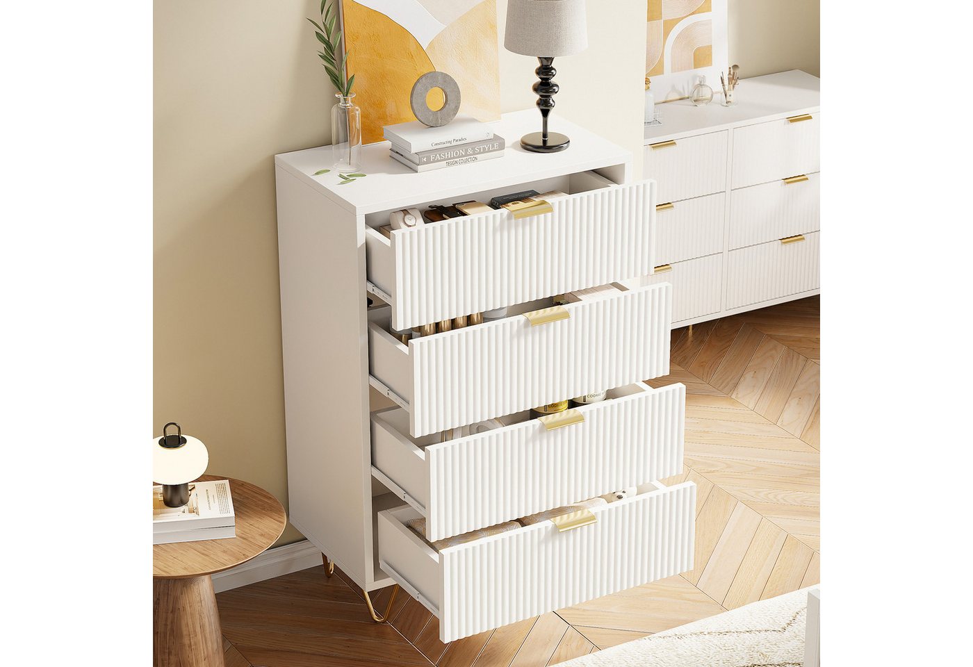 FUROKOY Kommode Nachttisch (1-St), Holz Sideboard für Schlafzimmer,Wohnzimmer (1er Set, mit 4 Metallfüße), 4 Schublanden,Weiß B Nachtkommode 34x60x90 cm (TxBxH) von FUROKOY