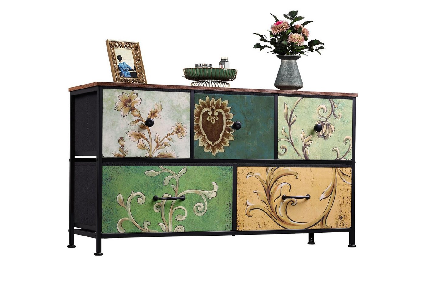 FUROKOY Kommode Stauraumschrank,Schrank Schlafzimmer,Metallrahmen,Retro Stil, Blumenmuster,5 Schubladen von FUROKOY