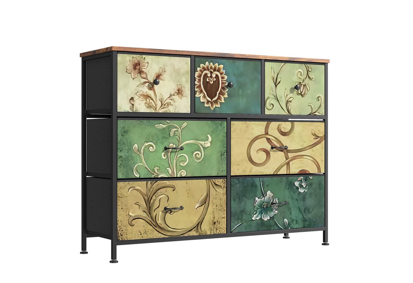 FUROKOY Kommode Stauraumschrank,Schrank Schlafzimmer,Metallrahmen,Retro Stil, Blumenmuster,7 Schubladen von FUROKOY