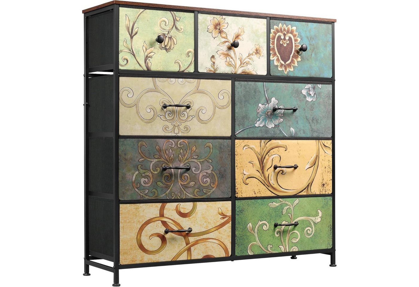 FUROKOY Kommode Stauraumschrank,Schrank Schlafzimmer,Metallrahmen,Retro Stil, Blumenmuster,9 Schubladen von FUROKOY
