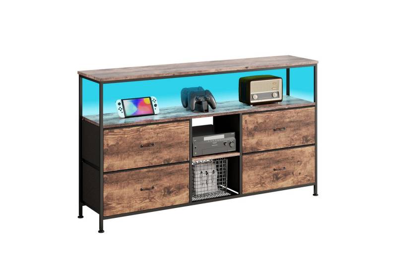 FUROKOY Kommode Stauraumschrank,Schrank Schlafzimmer,Metallrahmen,Retro Stil, Braun TV-Schrank mit LED Beleuchtung, 4 Schubladen von FUROKOY