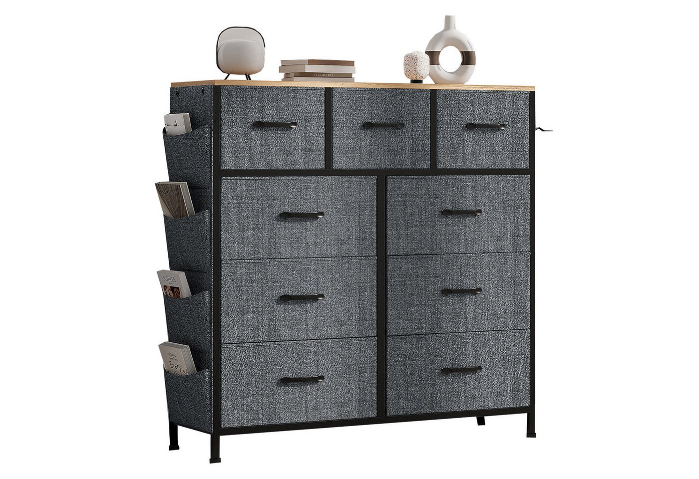 FUROKOY Kommode Stauraumschrank,Schrank Schlafzimmer,Metallrahmen,Retro Stil, Grau Vliesstoff,9 Schubladen von FUROKOY
